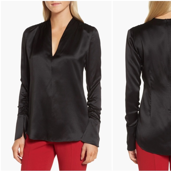 EXC Lewit Black Satin V-Neck Ruched Long Sleeve V-Neck Silk Blouse Medium - Picture 5 of 13